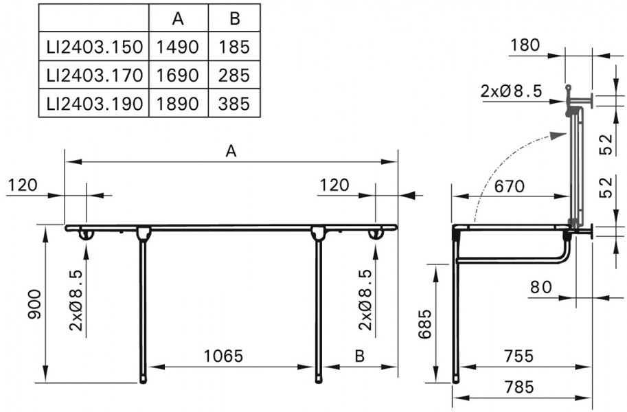 Camilla de ducha abatible y cambiador