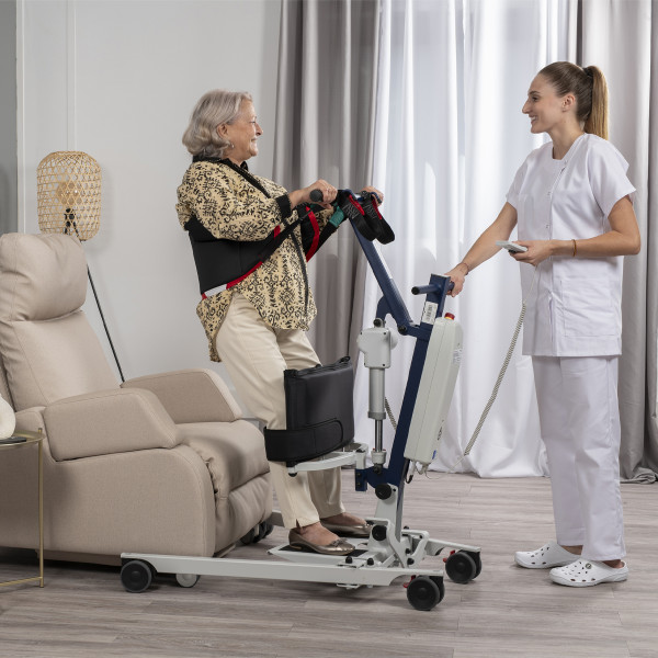 Grúa domiciliaria de bipedestación BLUE WAYUP con apertura de patas