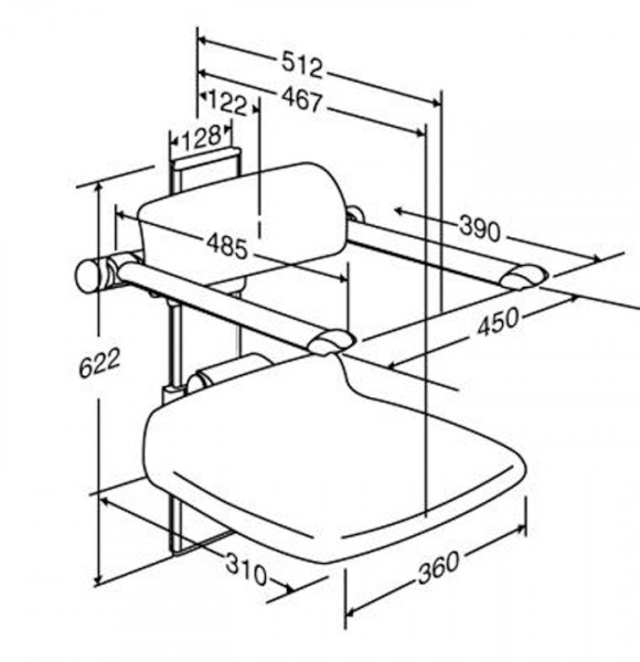 Asiento de ducha abatible de altura regulable con respaldo y brazos